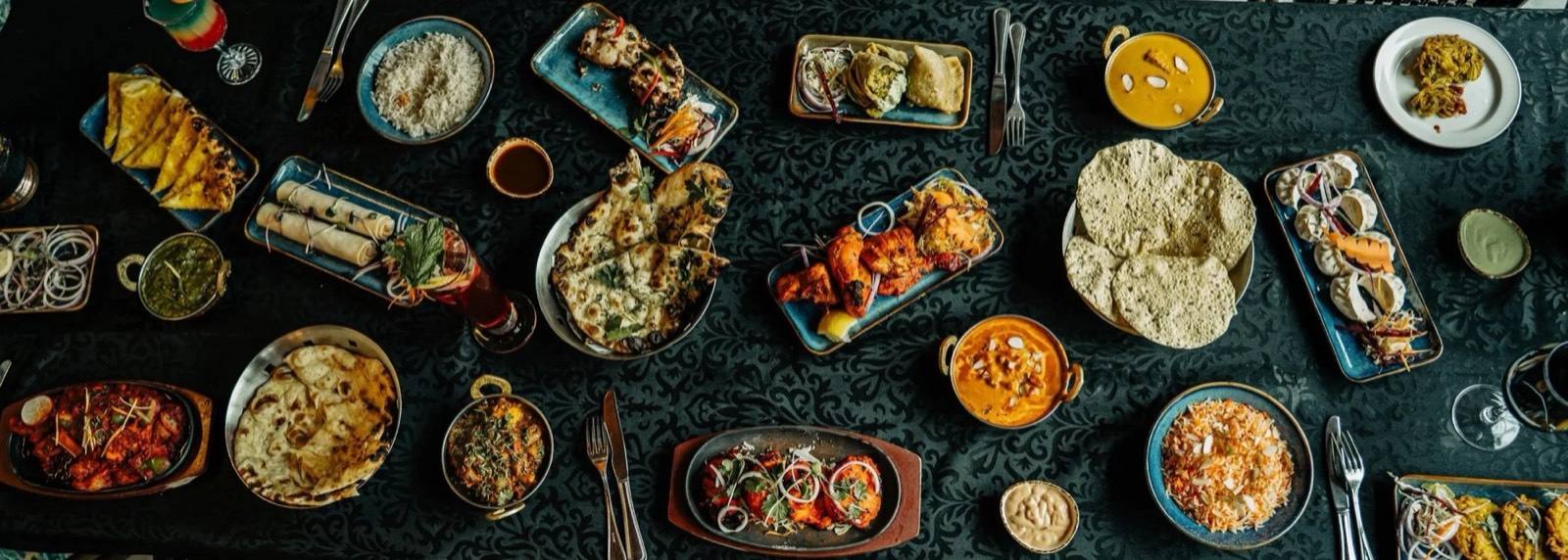 Overhead view of a full Indian feast
